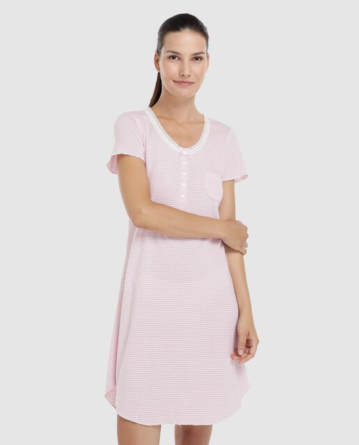 Camisa de dormir Brushed Rib Knit curta com estampado às riscas Camisa de dormir Brushed Rib Knit curta com estampado às riscas