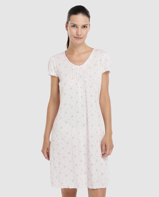 Camisa de dormir Brushed Rib Knit curta com decote em bico Camisa de dormir Brushed Rib Knit curta com decote em bico