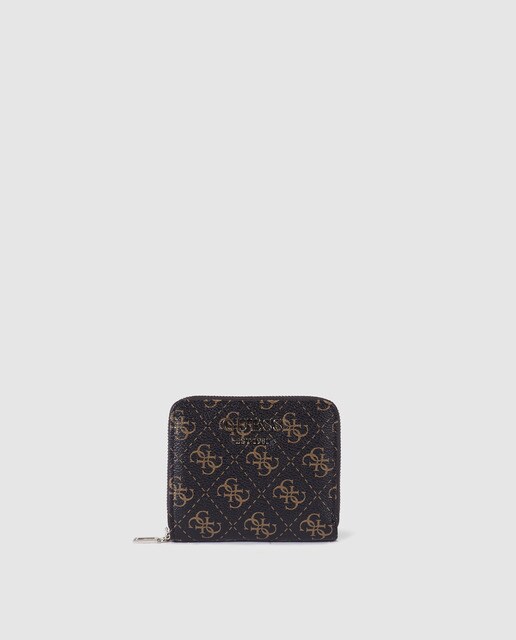 Carteira mini de mulher Guess castanho-escuro com logótipo all over Carteira mini de mulher Guess castanho-escuro com logótipo all over