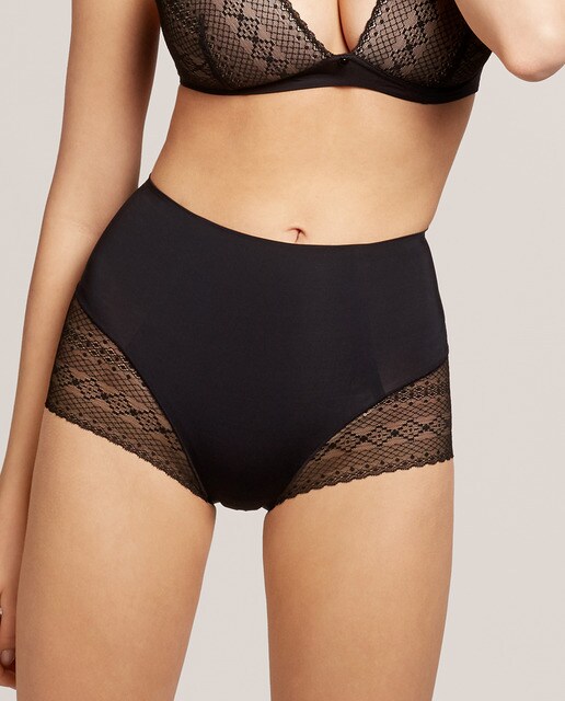 Cueca alta tipo cinta Moments 7 pretas com pormenores de renda