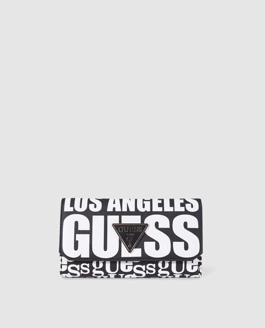 Carteira grande de mulher Guess preta estampada com aba Carteira grande de mulher Guess preta estampada com aba