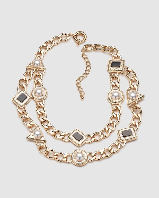 Colar El Corte Inglés de corrente dourada com adornos preto e branco