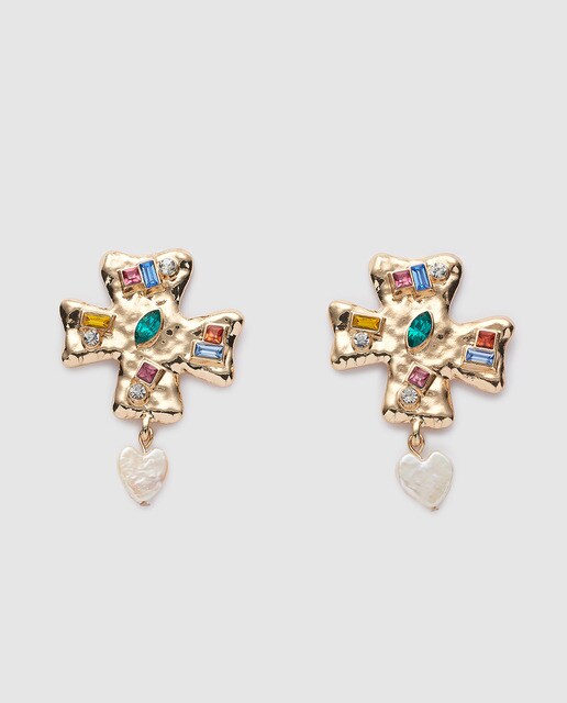 Brincos El Corte Inglés de cruz dourados com pedraria