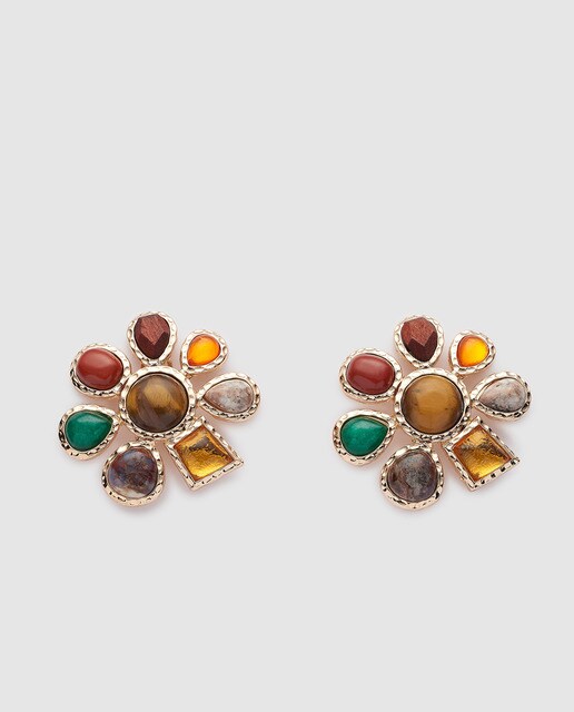 Brincos El Corte Inglés de flores com pedraria multicolor