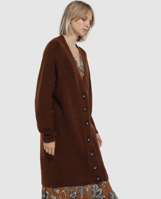 Casaco de malha de mulher com botões à frente e decote em bico