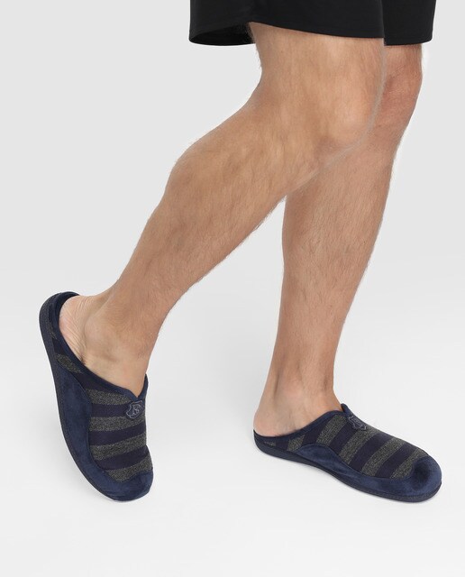 Zapatillas de casa de hombre Dustin de lana azul con rayas a contraste Zapatillas de casa de hombre Dustin de lana azul con rayas a contraste