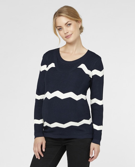 Camisola de malha de pré-mamã às riscas e com decote redondo Camisola de malha de pré-mamã às riscas e com decote redondo