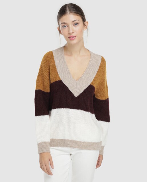 Camisola de malha de mulher com decote em bico e color block Camisola de malha de mulher com decote em bico e color block