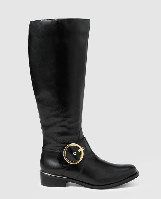 Botas de mulher Zendra Basic pretas em pele com adorno de fivela