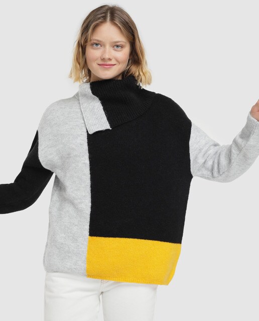 Camisola de malha color block de mulher com gola alta Camisola de malha color block de mulher com gola alta