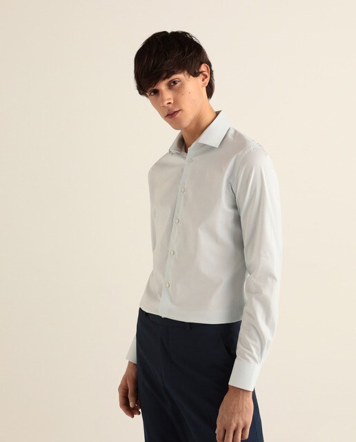 Camisa clássica Fácil de Engomar skinny verde água às micro riscas de homem
