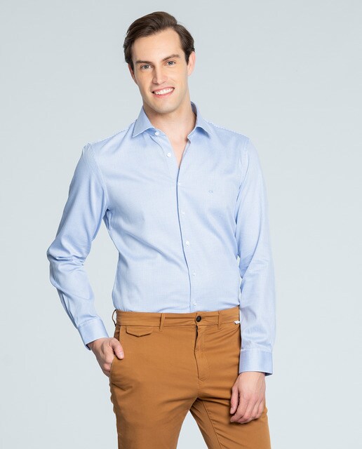 Camisa Fácil de Engomar regular aos micro quadrados azul