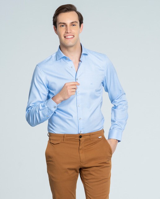 Camisa Fácil de Engomar de homem regular lisa azul