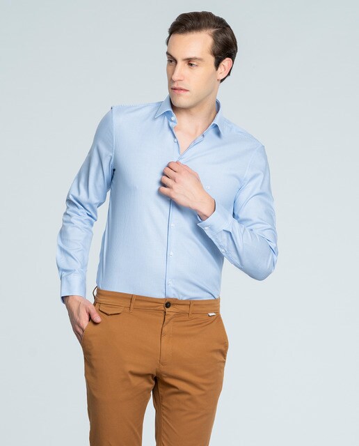 Camisa Fácil de Engomar de homem regular com micro estampado azul