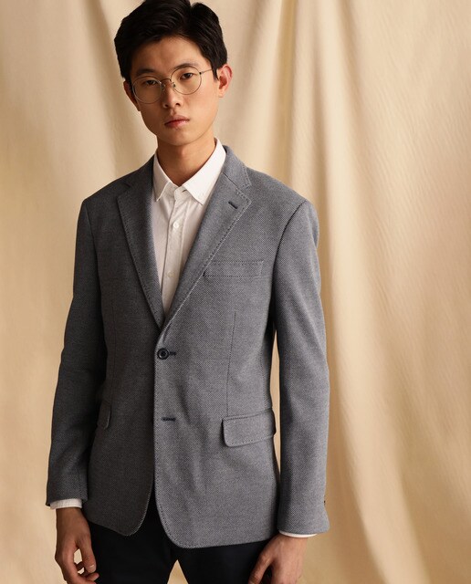 Blazer de malha slim azul de homem Blazer de malha slim azul de homem