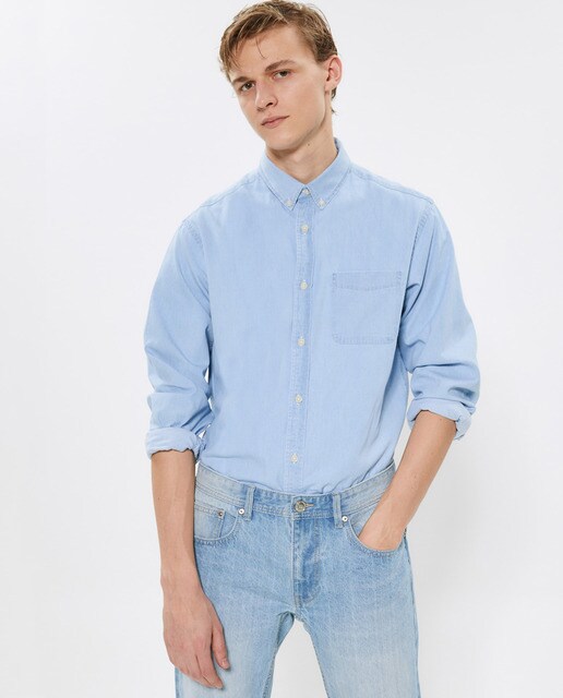 Camisa de ganga de homem regular lisa azul
