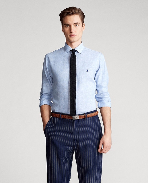 Camisa de linho Fácil de Engomar regular lisa azul
