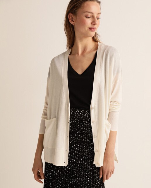 Casaco de malha comprido com bolso de plastrão Casaco de malha comprido com bolso de plastrão