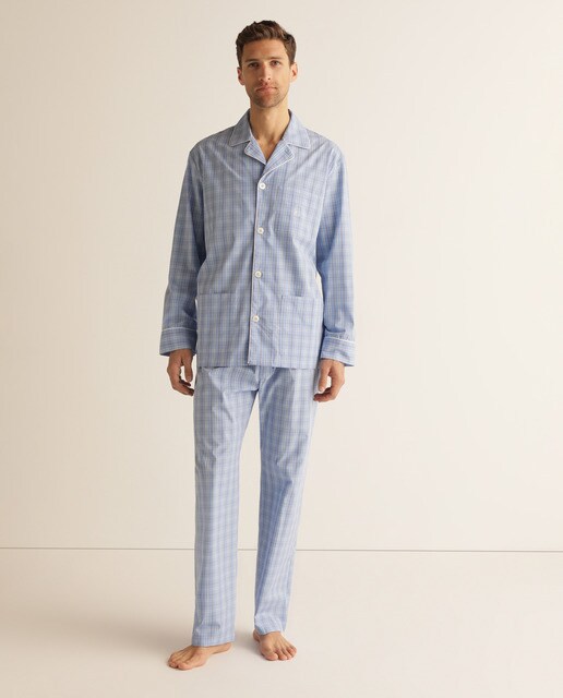 Pijama comprido azul de tecido de homem