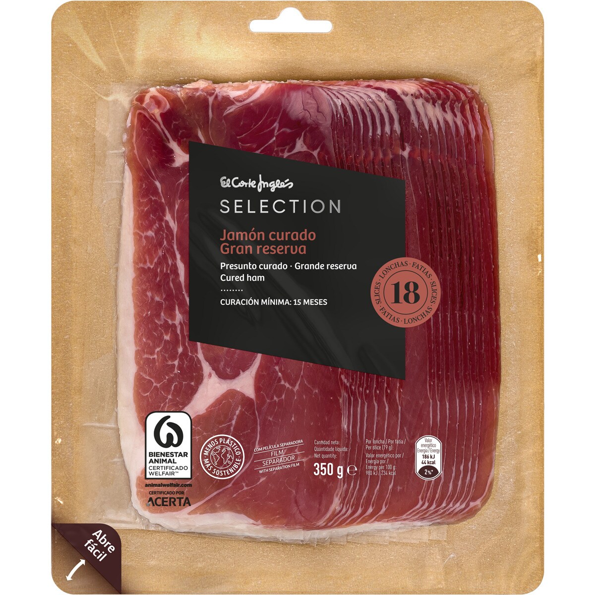 Jamón curado Gran Reserva en lonchas envase 350 g curación mínima 15