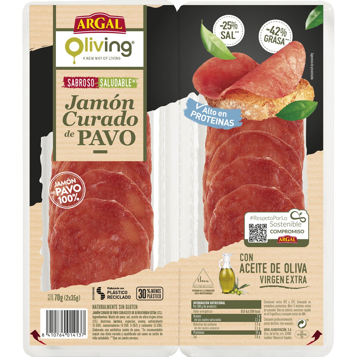 Oliving jamón curado de pavo en lonchas pack 2 x 35 g envase 70 g bajo