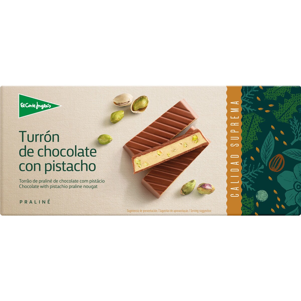 Turrón de chocolate con pistacho estuche 200 g EL CORTE INGLES