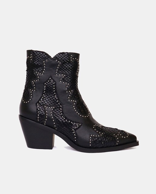 Women's black cowboy ankle boots with a pointed toe and block heel