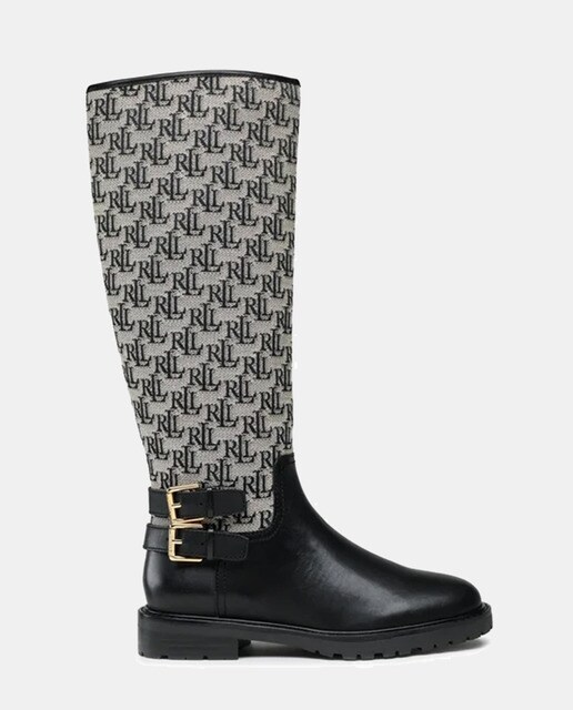 Women's flat black jacquard riding boots with decorative buckles
