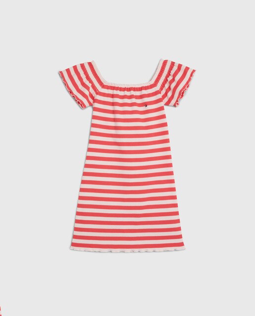 Stripe print stretch dress with short sleeves and embroidered flag logo on the chest