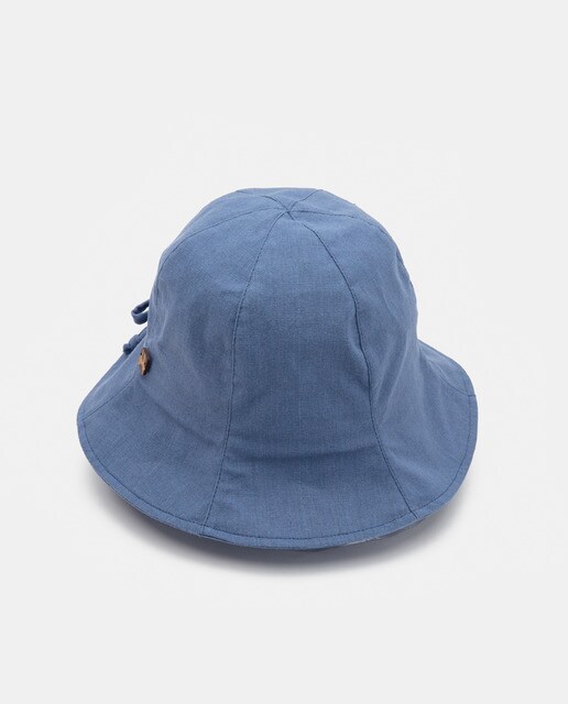 Blue linen and cotton cloche hat with bow