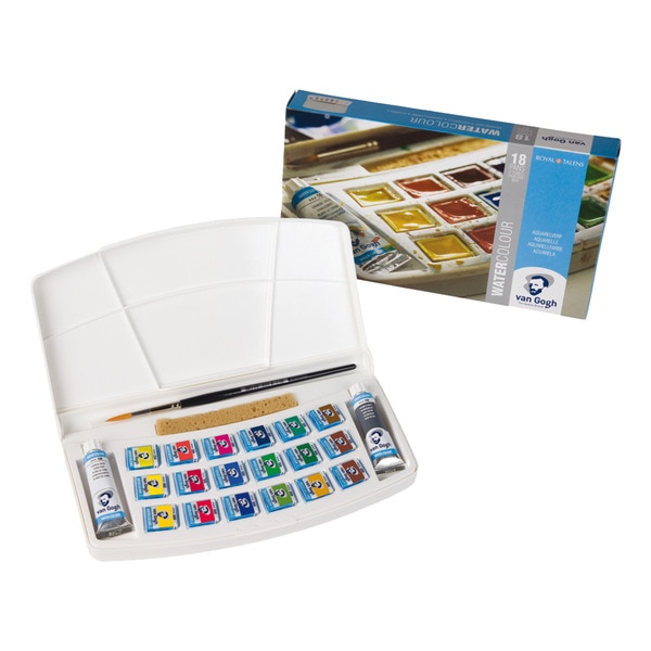Caja de Plástico de Dieciocho Pastillas de Acuarela Van Gogh y Accesorios Van Gogh Blanco.