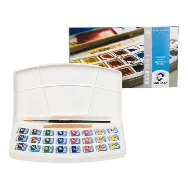Caja de Plástico de Veinticuatro Pastillas de Acuarela Van Gogh y Accesorios Van Gogh Blanco.