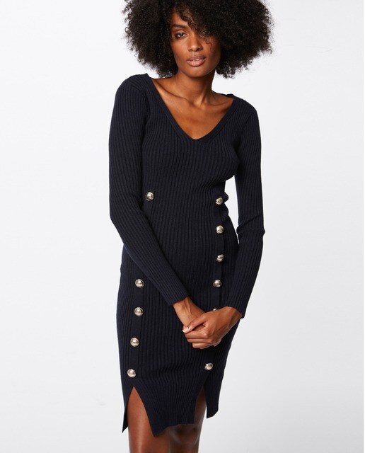 Punto Vestido Botones De Morgan Con Mujer Ajustado Canalé wwSqI7