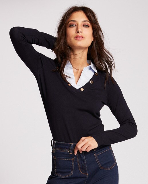 Jersey de mujer de manga larga con cuello de camisa · Morgan Jersey manga larga con cuello de camisa, color marino MORGAN