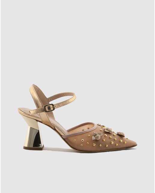 Zapatos de salón de mujer Ras en tejido elástico de color beige y piel metalizada de color oro Zapatos de salón de mujer Ras en tejido elástico de color beige y piel metalizada de color oro