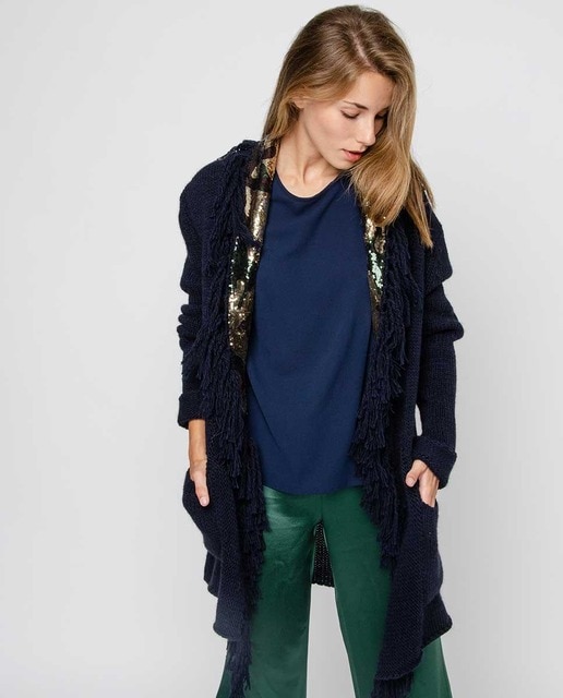 Chaqueta de punto de mujer Cuplé de flecos y lentejuelas en color azul