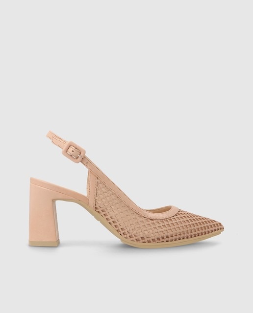 Zapatos de salón de mujer destalonados en piel de color rosa con detalle de rejilla