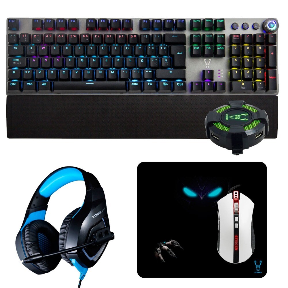 Kit Gaming profesional Woxter Stinger Elite Kit, Teclado, Ratón, Pad,Auriculares y Hub