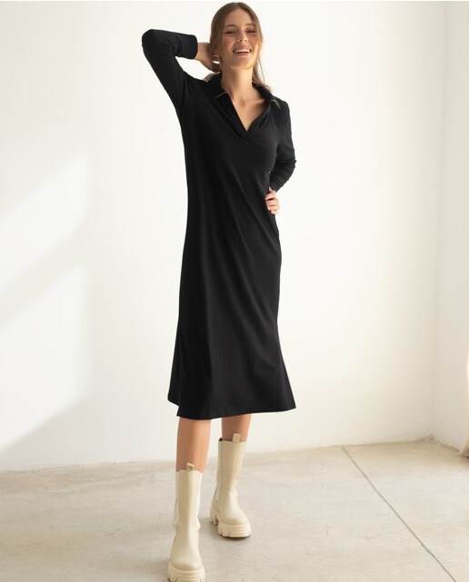 Vestido midi canalé cuello polo · The-Are · El Corte Inglés