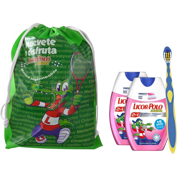 LICOR DEL POLO Junior kit compuesto con dentífrico con elixir 2 en 1 sabor fresa +6 años pack 2 bote 75 ml + cepillo de dientes + bolsa mochila