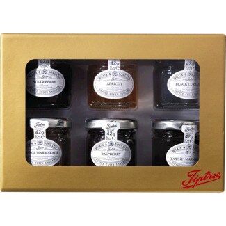 Tiptree Doce de de Alperce, Doce de Framboesa, Doce de Groselha, Doce de Laranja Tawny, Doce de Laranja, Doce de Morango Miniaturas Golden Gift Pack embalagem 252 g