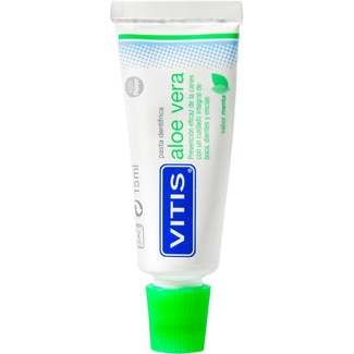 VITIS Aloe Vera Zahnpasta mit Fluorid und Minzgeschmack, Reiseformat Rohr 15 ml Prävention von Karies mit Rundumschutz für Mund, Zähne und Zahnfleisch