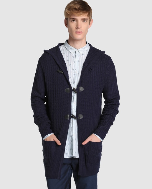 blue hooded cardigan