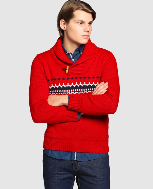 mens red shawl collar sweater