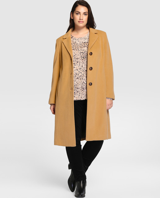 Abrigo básico de mujer talla grande Talla y Moda en color camel · Talla