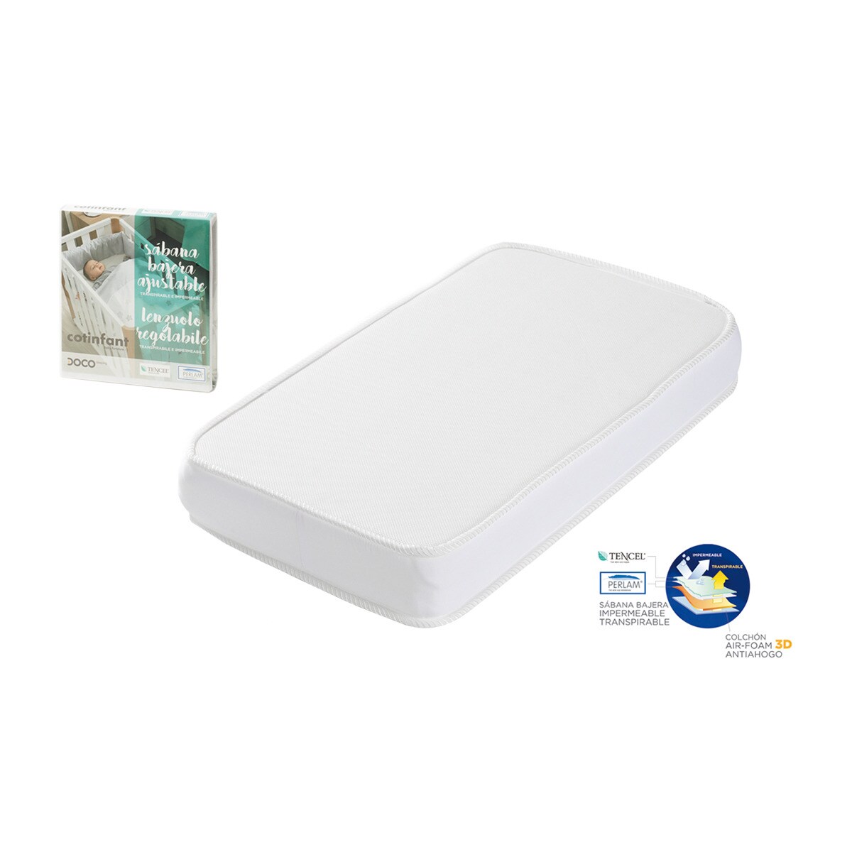 Imagem 0 de Lençol de Baixo Ajustável para Mini-berço Doco Sleeping (50 x 90 cm) Cotinfant com Protector branco