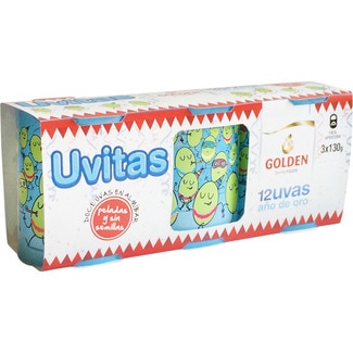 GOLDEN 12 uvitas Año de Oro en almíbar peladas y sin semillas pack 3 envases 130 g neto escurrido