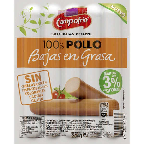 salchichas de carne 100 pollo bajas en grasa sin gluten sin lactosa envase 200 g · CAMPOFRIO