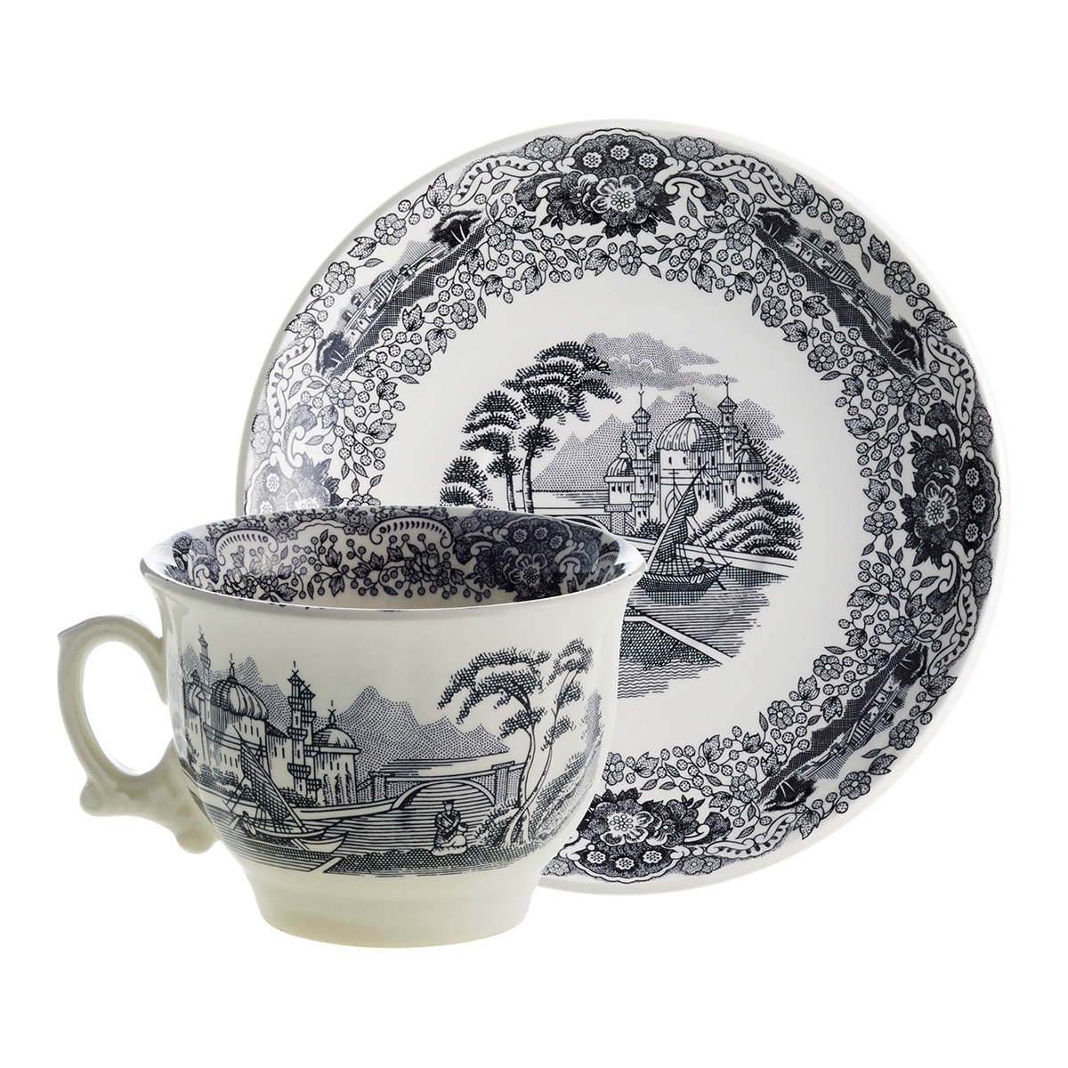 La Cartuja De Sevilla - Taza De Desayuno Con Plato Ochavado Negro Vistas La Cartuja De Sevilla.