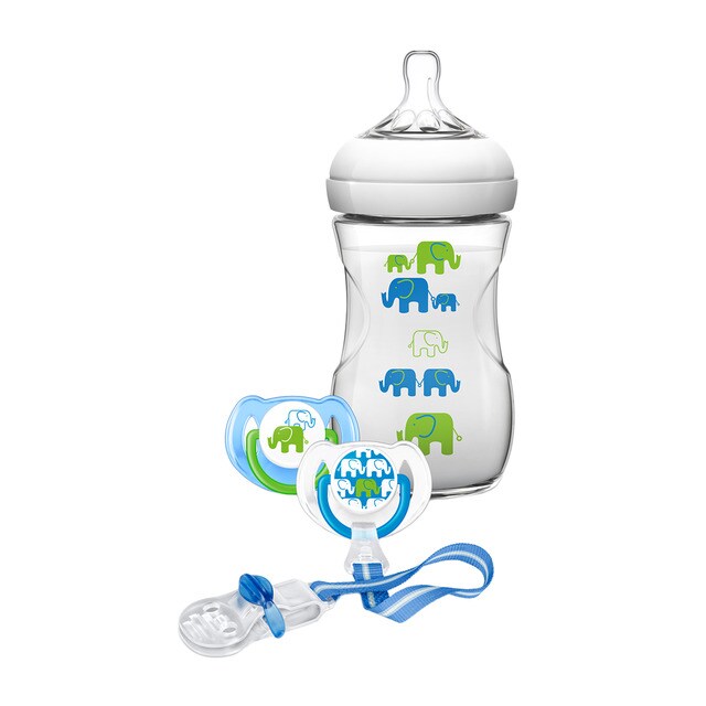 Pack de Regalo Philips Avent Biberón + 2 Chupetes + Chupetero con Pinza Elefante Niño azul